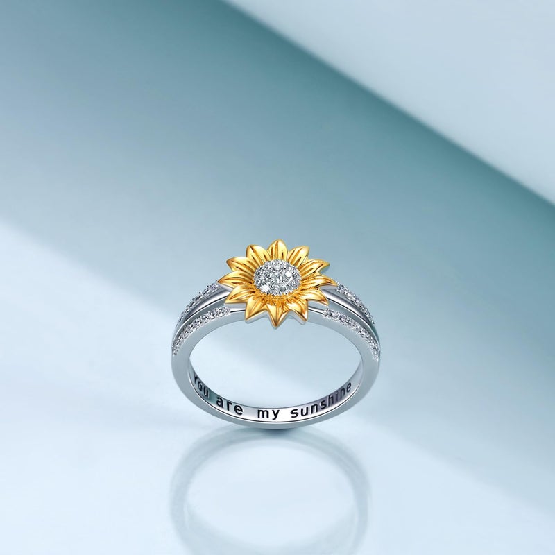 YFN Sterling Silver You are My Sunshine Sunflower Statement Ring with Cubic Zirconial Band Gifts (7) - Image 3